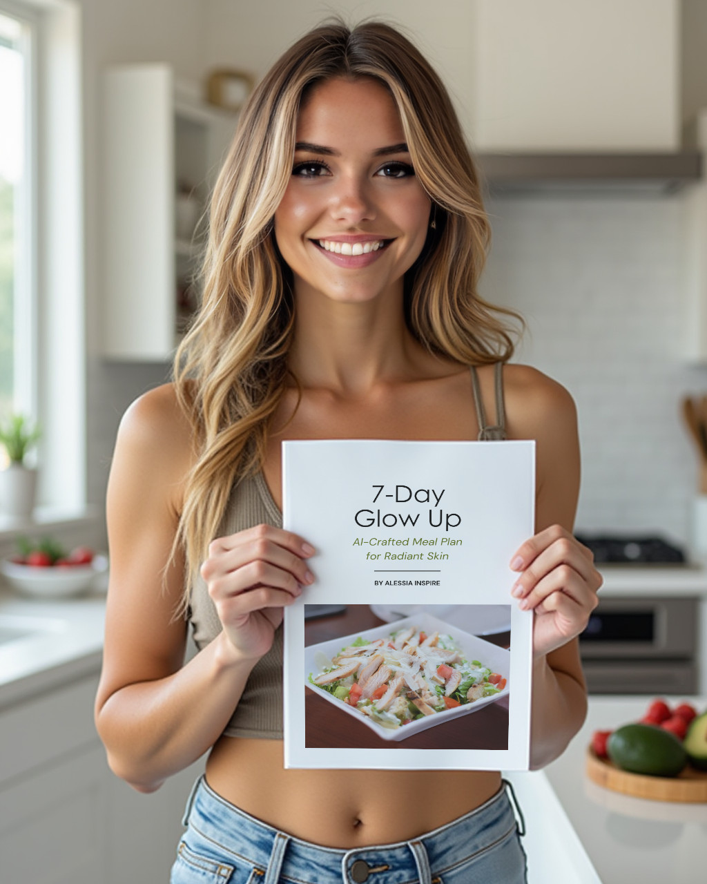 Alessia holding a copy of her 7-Day Glow Up guide. A free meal plan for radiant skin.